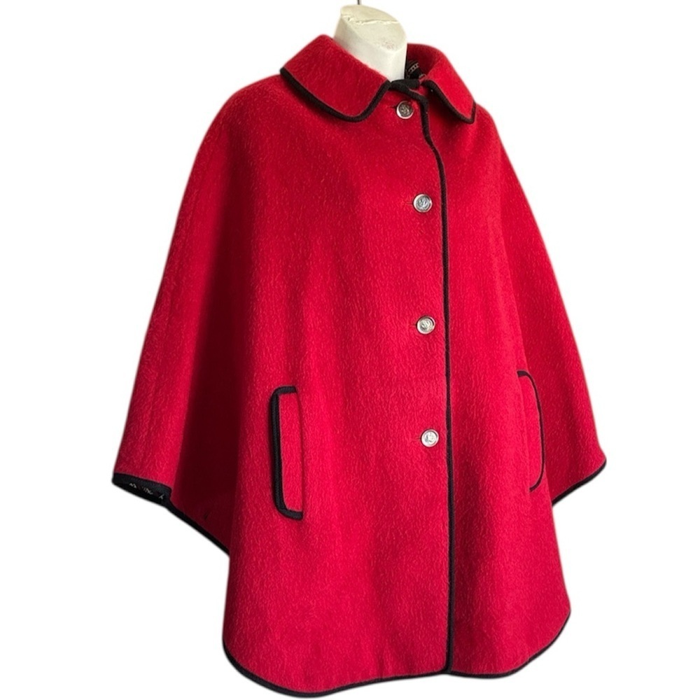 Loden King Cape women M Thick Red Wool, Black Trim from Germany. Vintage. M EUC